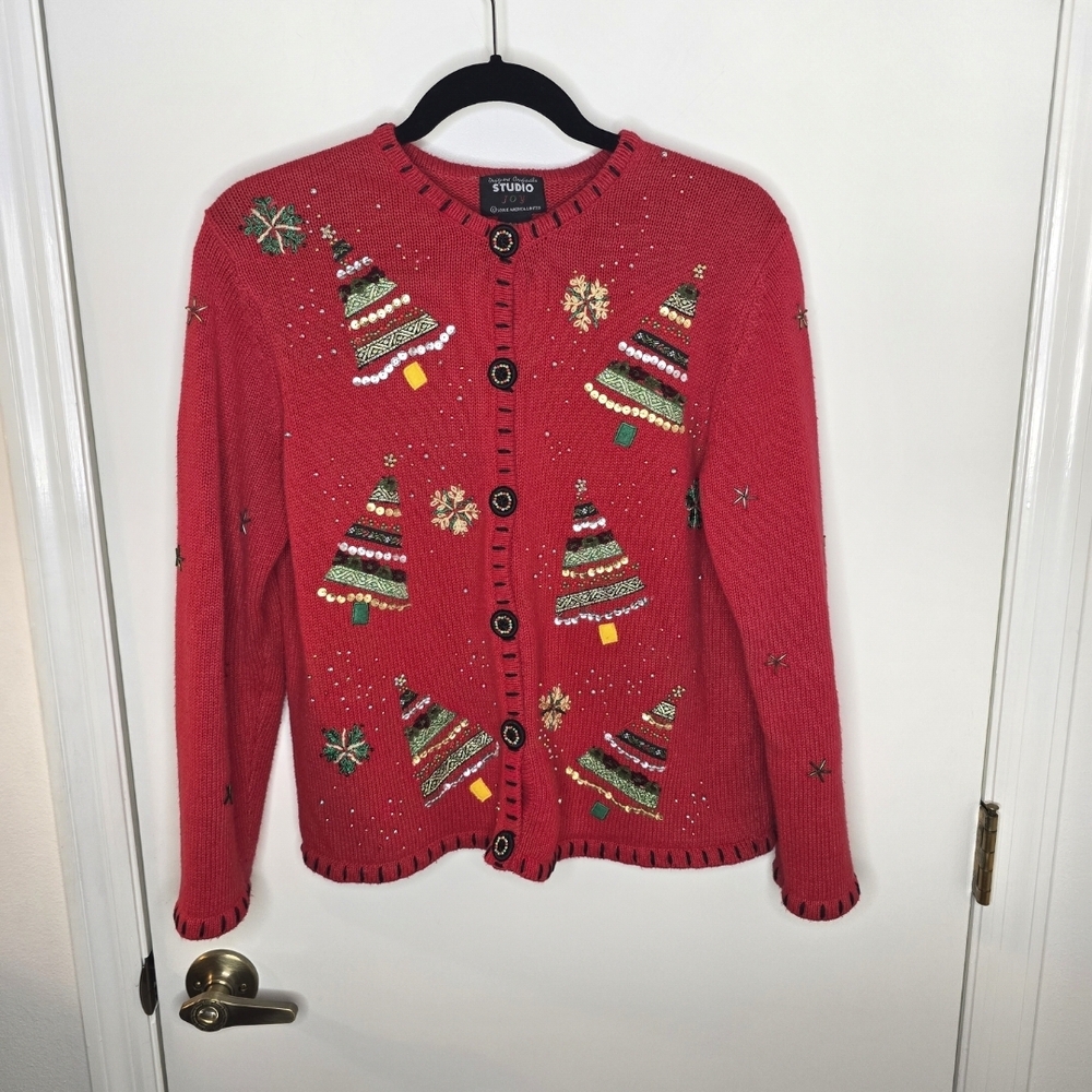 Designers Originals Vintage Red Festive Cardigan with Tree Patterns Petite Med